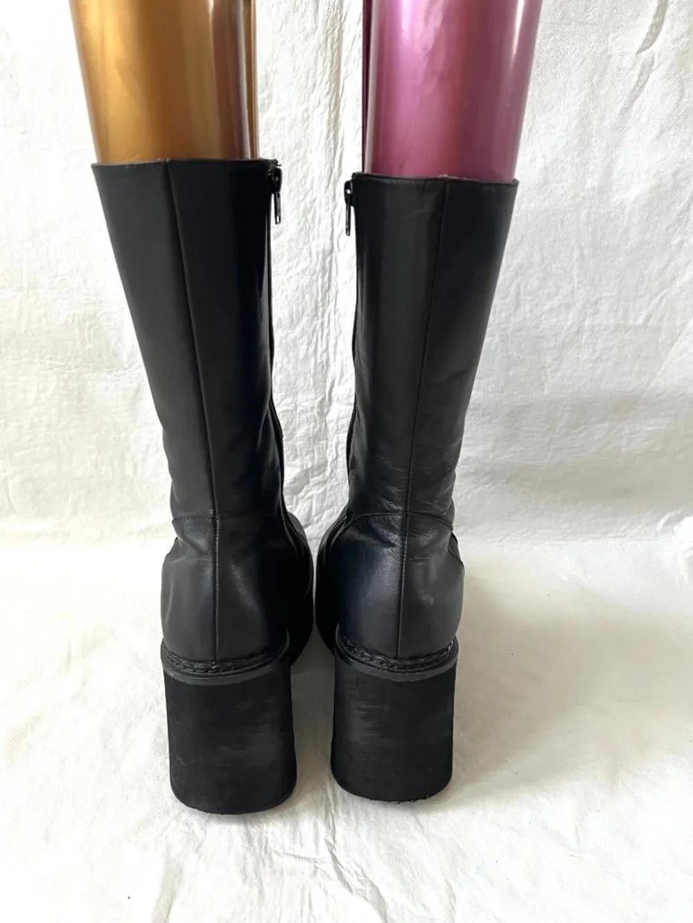 UNIF platform boots black leather womens 11 Parker chunky high heel mid calf zip